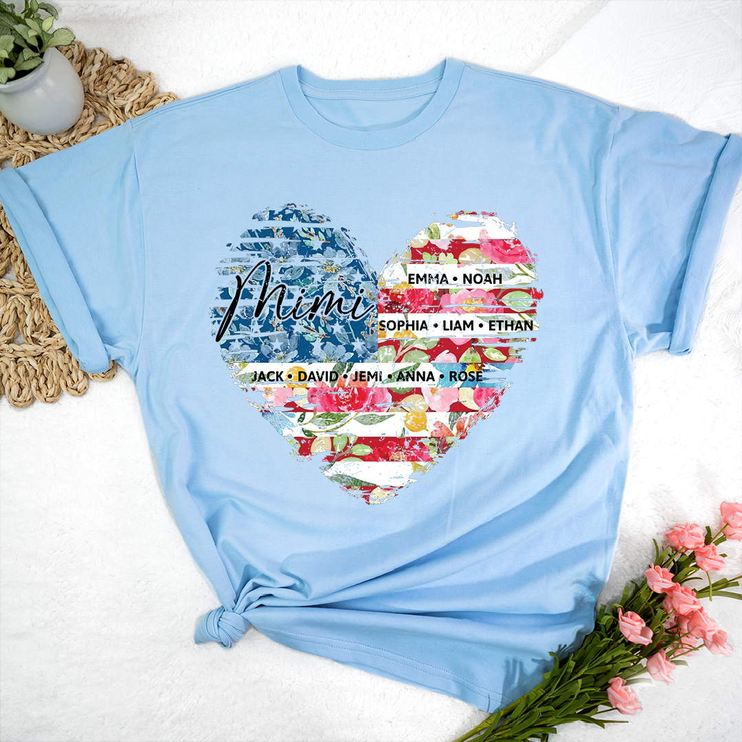 Personalized Mimi Heart Shirts With Children's Names, Family T-Shirts With Stylized Floral And American Flag Designs