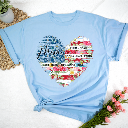Personalized Mimi Heart Shirts With Children's Names, Family T-Shirts With Stylized Floral And American Flag Designs