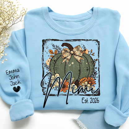 Mimi Pumpkin Shirt for Women, Floral Fall Bow Design Tee, Personalized Grandma T Shirt, Cozy Autumn Gift Idea