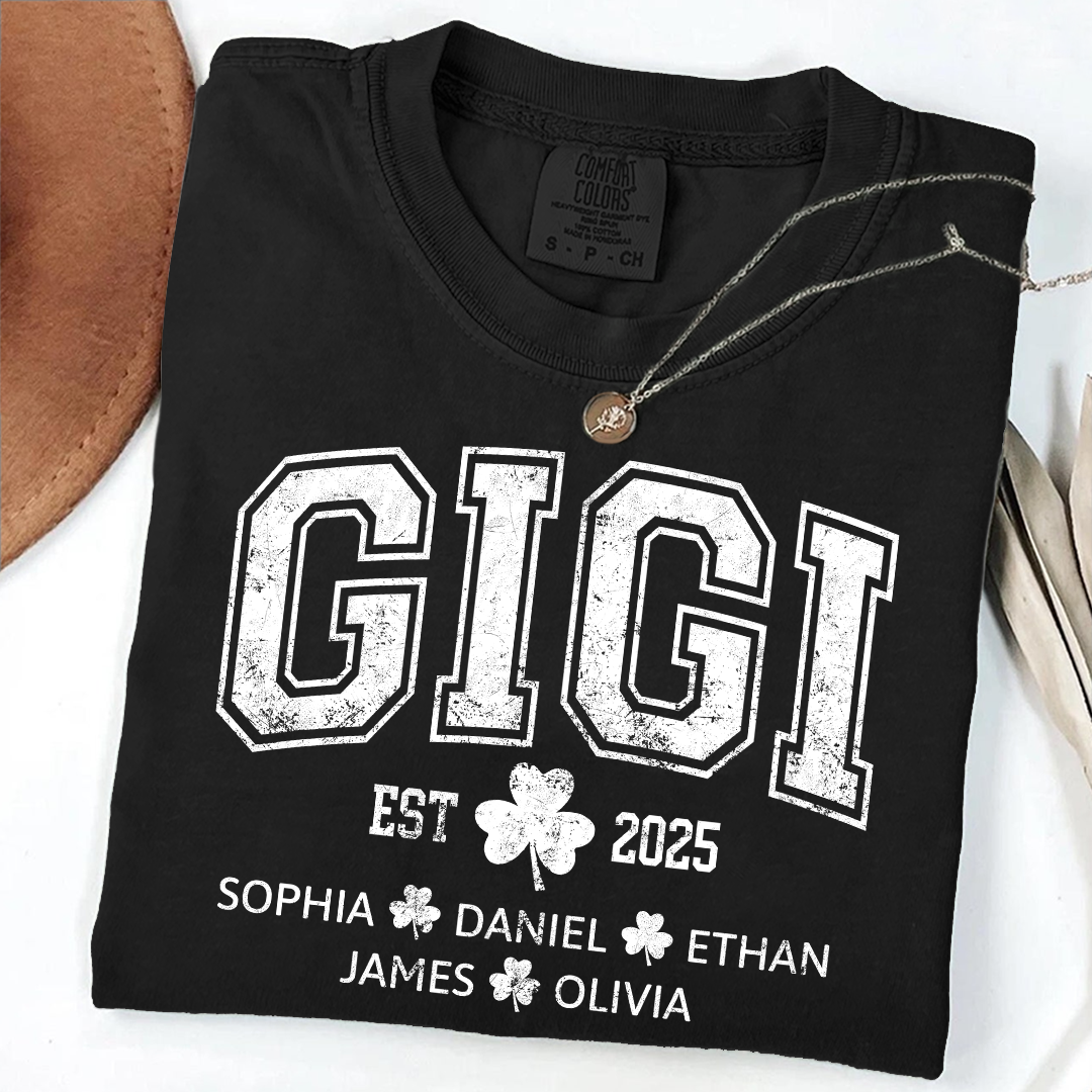 Comfort Colors St Patrick’s Day Gigi Shirt Est 2025, Custom Grandma T Shirt with Kids Names Shamrock Design