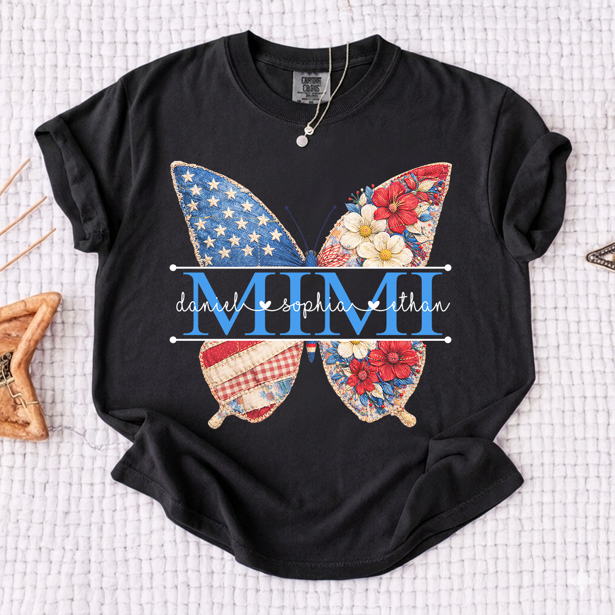 Comfort Personalized Mimi Shirt with Grandkids Names, American Flag and Flower Butterfly Design