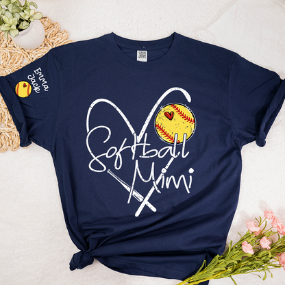 Softball Mimi Shirt Personalized with Grandkids Names, Heart and Bat Sports Family T Shirt