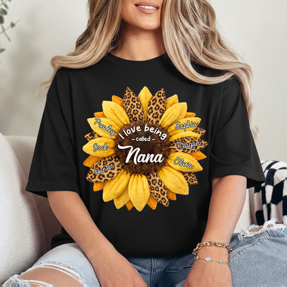 Custom Grandma Shirt, Personalized Sunflower Leopard Print Tee with Kids' Numbers, Gift for Grandma