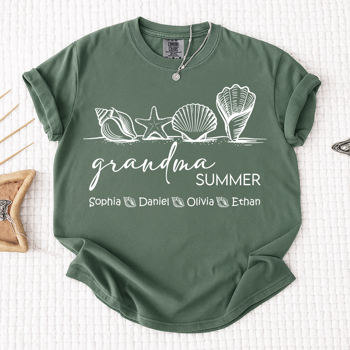 Comfort Colors Grandma Summer Vacation Shirt, Personalized Seashell T-Shirt with Kids Names, Beach Lover Grandma Family Trip Gift