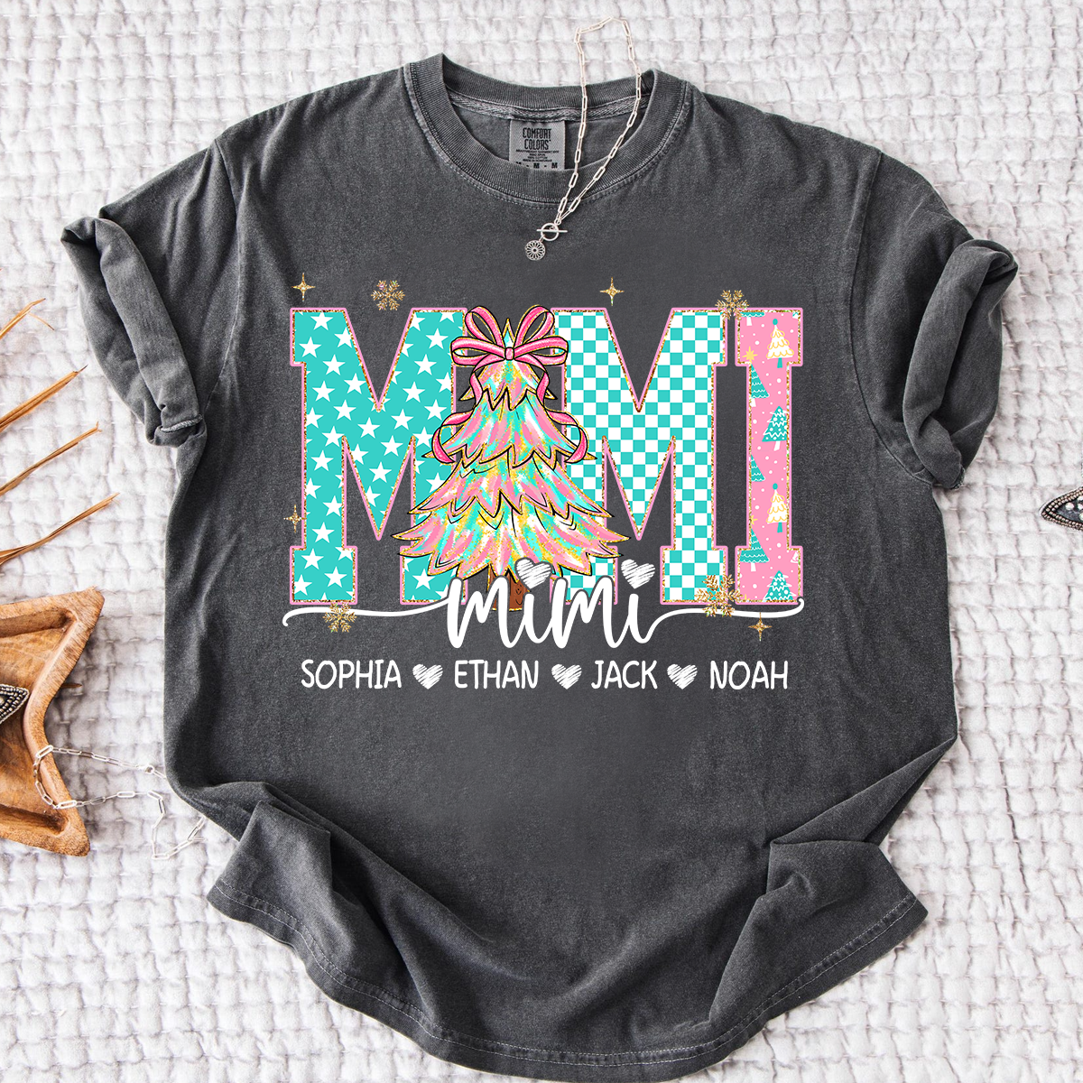 Comfort Colors® Personalized Mimi Christmas Shirt, Custom Holiday Tree Shirt with Kids Names
