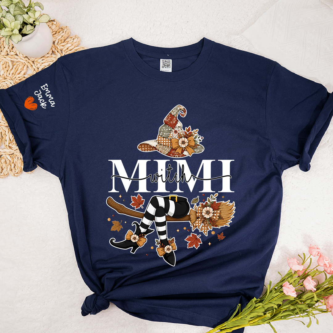 Funny Mimi Witch Shirt, Fall Halloween Grandma Graphic Tee, Personalized Family Names T Shirt, Cozy Autumn Gift for Mimi