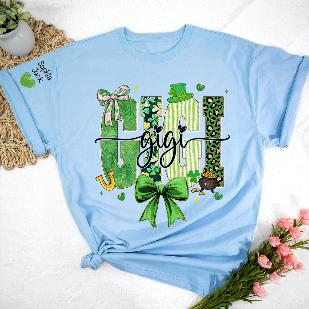 Gigi St Patrick’s Day Shirt, Green Shamrock Bow Family T Shirt, For Gift Gigi And Kids
