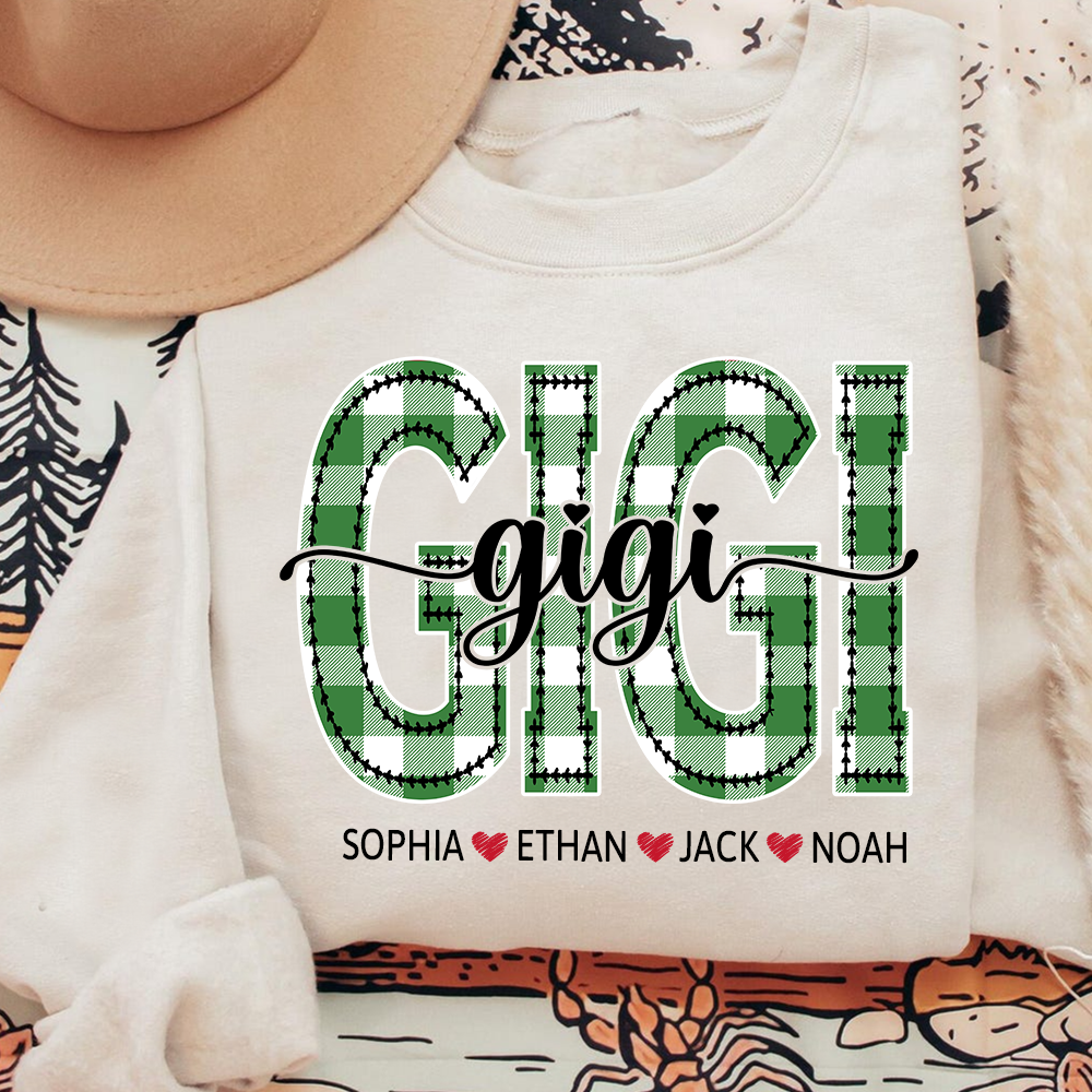 Personalized Gigi Sweatshirt, Custom Green Plaid Letters Shirt with Grandkids Names