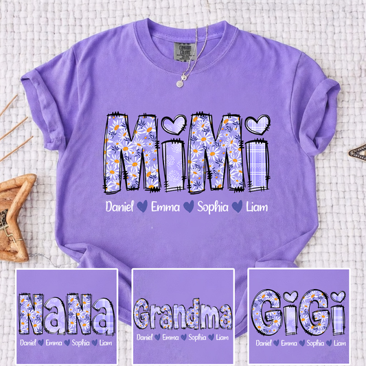 Personalized Mimi Shirt Floral Patchwork Design Custom Grandma Nana Gigi Name Tee with Grandkids Names Soft Vintage Style Family Gift for Women