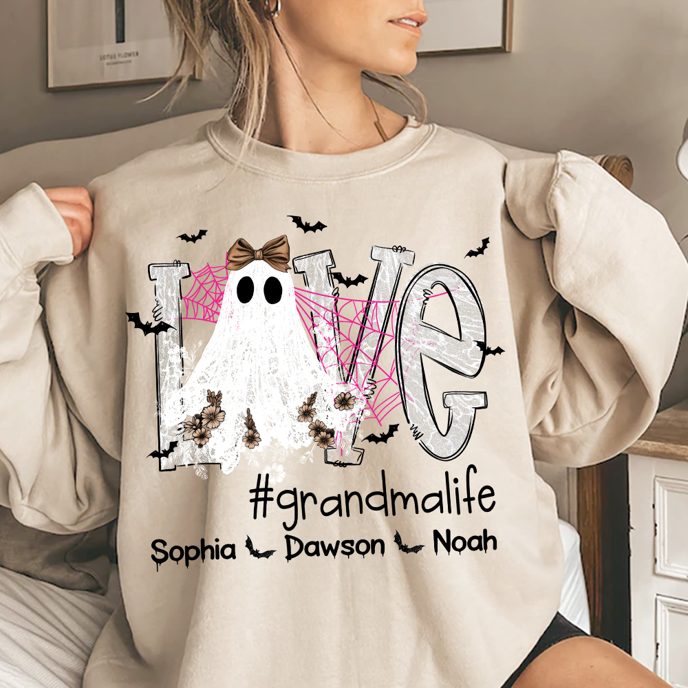 Personalized Mimi Life Halloween Sweatshirt, Custom Love Ghost Shirt with Kids Names