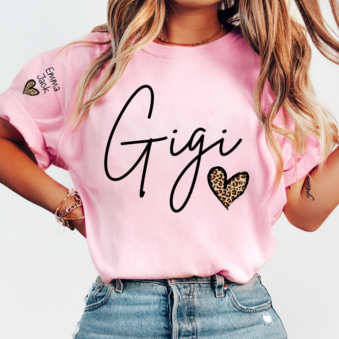 Gigi Shirt for Grandma, Personalized Custom Name Tee with Leopard Print Heart Design