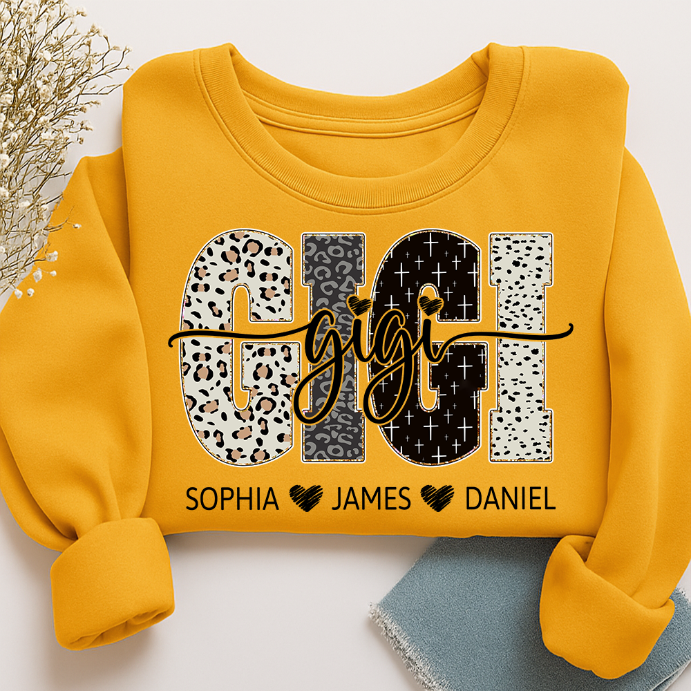 Personalized GiGi Sweatshirt With Grandkids Names, Custom Leopard Print Grandma Pullover