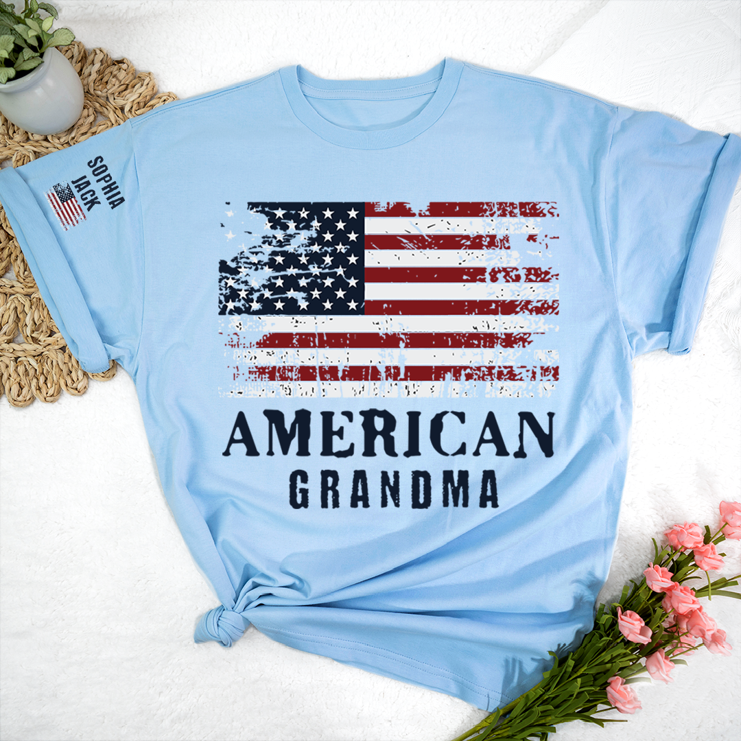 Custom American Grandma T-Shirt, Personalized Grandkids Name Sleeve Patriotic Shirt