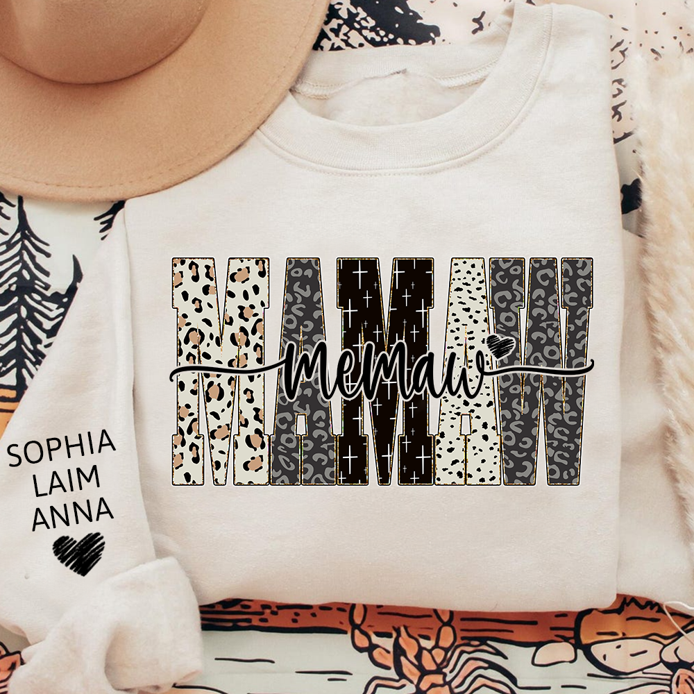 Personalized Memaw Leopard Sweatshirt – Custom Bible Style Design, Unique Gift for Grandma and Her Grandkids