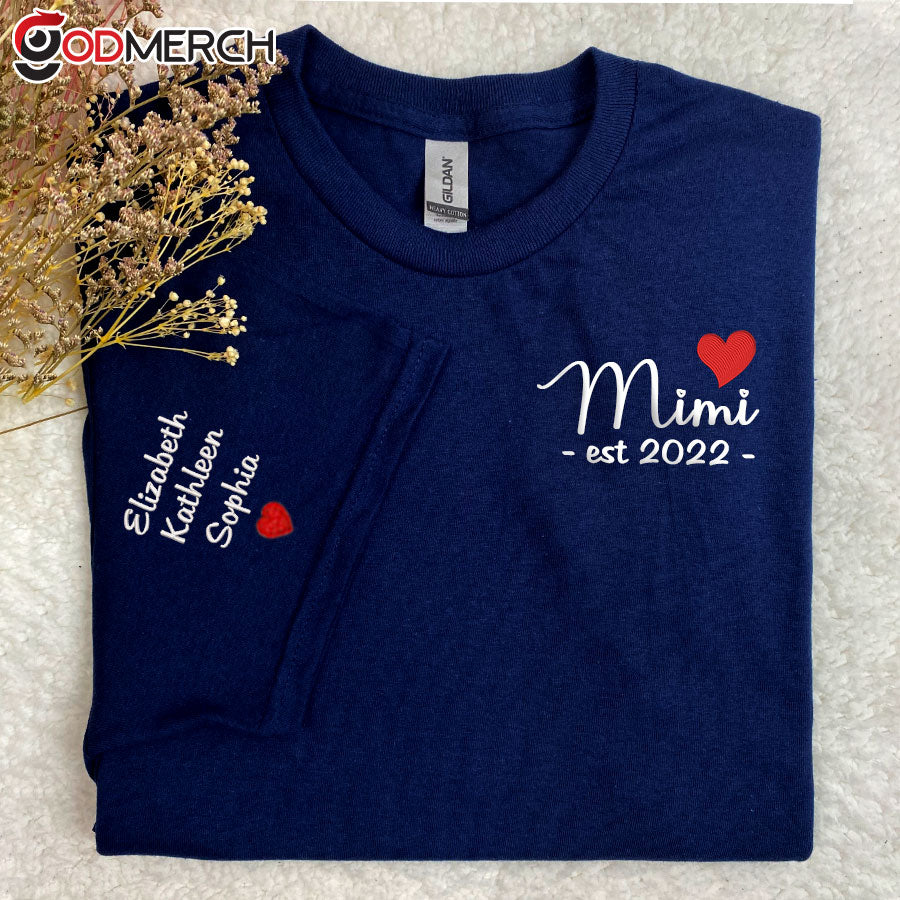 Embroidered Mimi Est, Grandma with Grandkids Embroidered T-shirt
