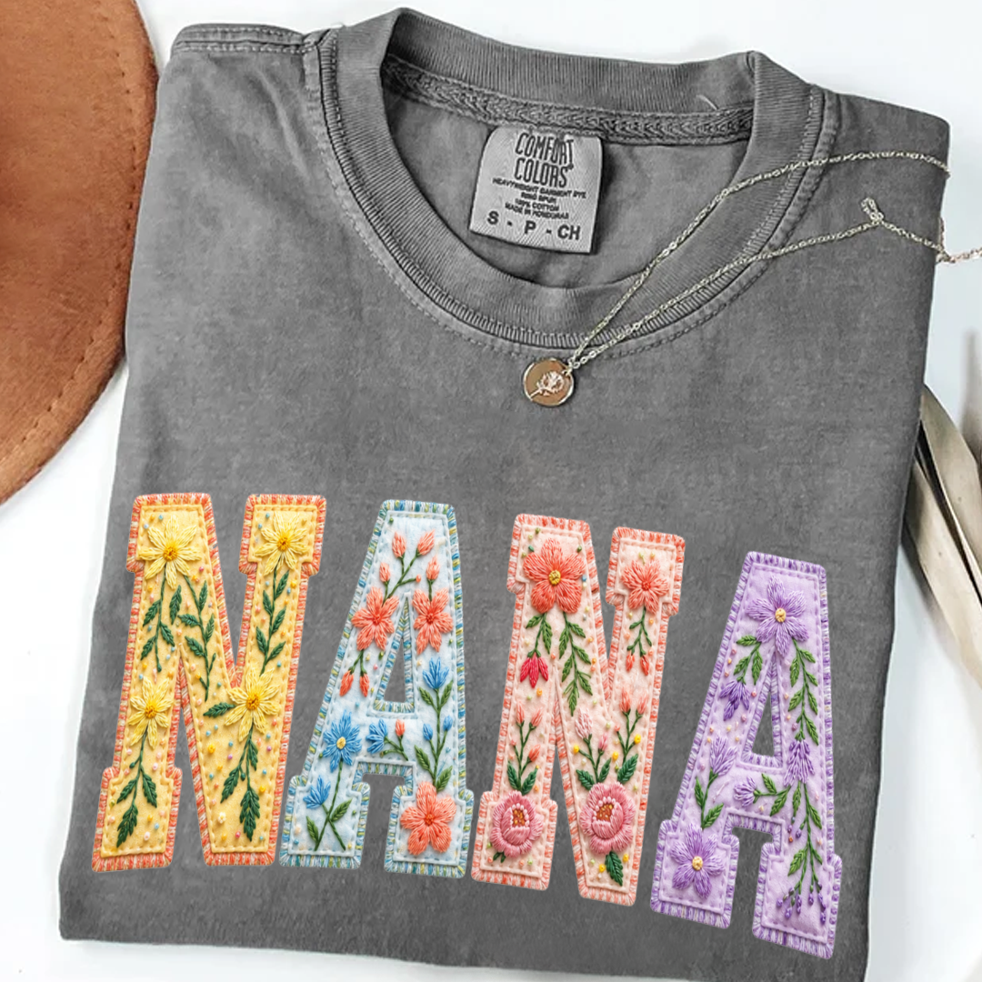 Personalized Nana Shirt Floral Embroidery Design Custom Grandma Mimi Gigi Name Tee with Grandkids Names Vibrant Flower Pattern Family Gift for Women