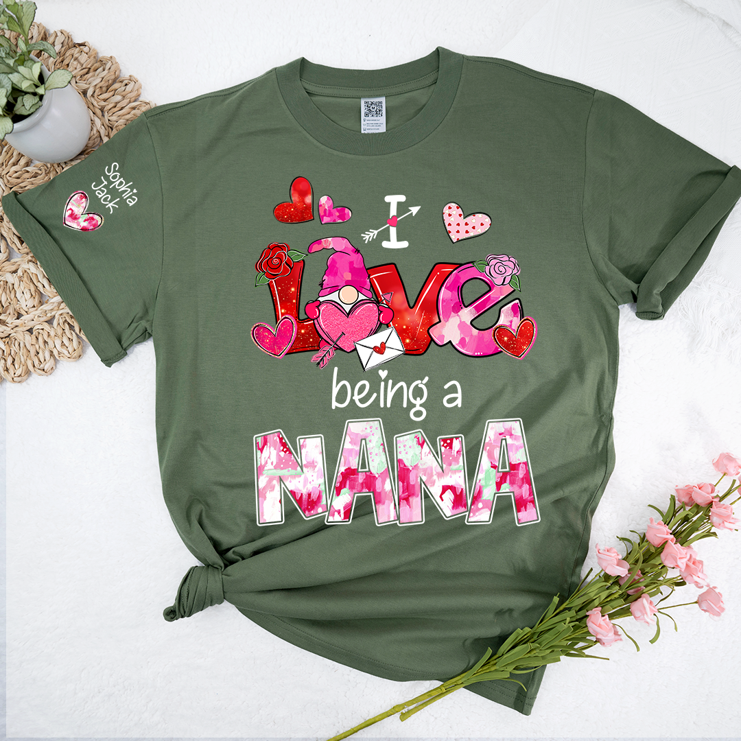 Personalized I Love Being A Nana Valentine T-shirt, Cute Bow and Strawberry Design for Grandma and Kids