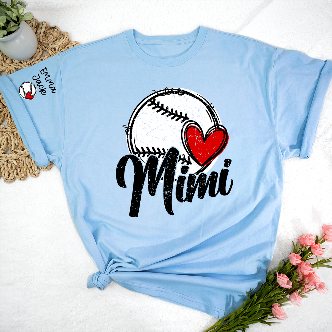 Personalized Mimi Baseball Shirt, Heart and Bat Design with Custom Names