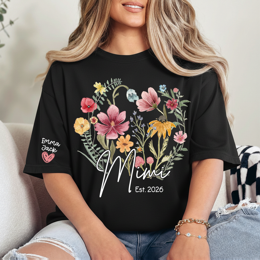 Mimi Est T-Shirt Personalized with Grandkids Names, Wildflower Floral Family Tee