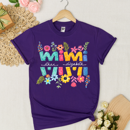 Personalized Mimi Shirt Custom Grandkids Names Floral Letter Graphic Tee Women Family Love Colorful Spring Casual Outfit Top