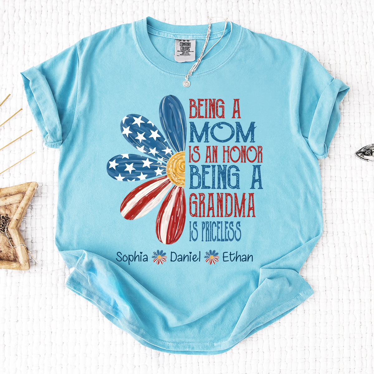 Comfort Colors Custom Mimi T Shirt with Grandkids Names USA Flag Daisy Graphic Being a Mom Is an Honor Mimi Is Priceless Family Name Personalized Apparel