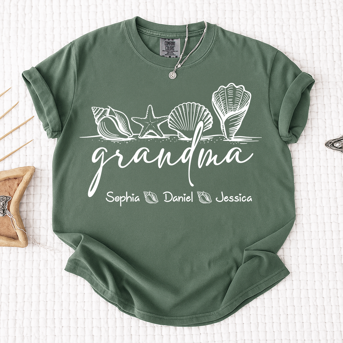 Comfort Colors Custom Grandma Seashell Shirt, Personalized Grandchildren Names Tee, Beach Lover Grandma Gift for Mother's Day and Birthday