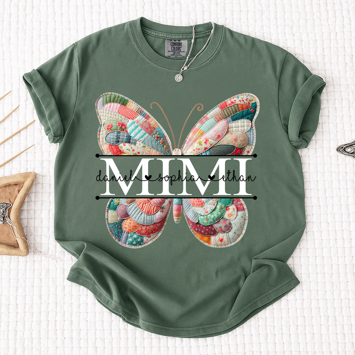 Custom Mimi T Shirt with Butterfly Patchwork Graphic, Personalized Family Names Tee
