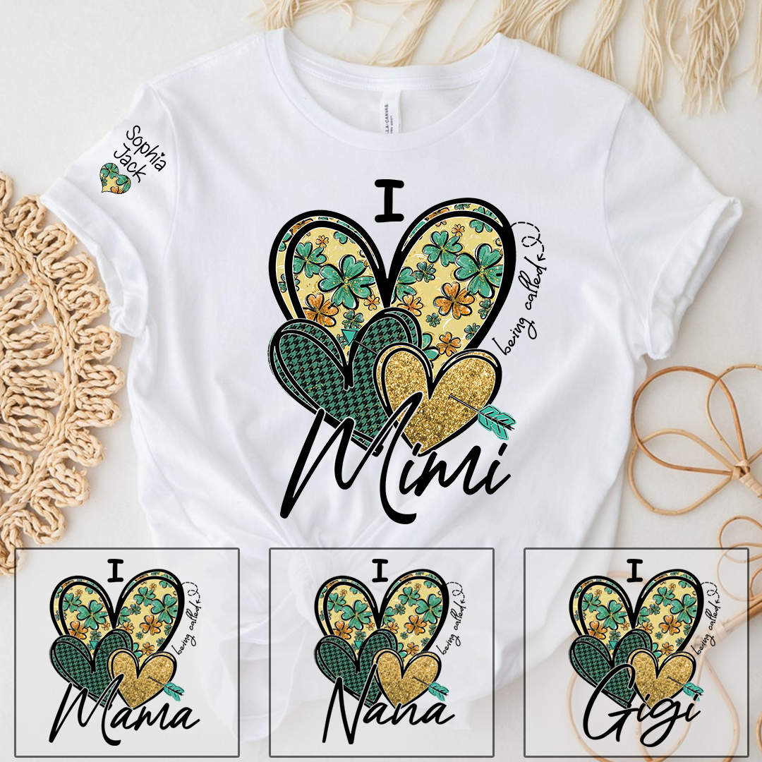 I Love to Be Called Mimi Heart Design T-shirt For St. Patrick's Day, Personalized Clover Design T-shirt for Grandma with Grandchildren's Names