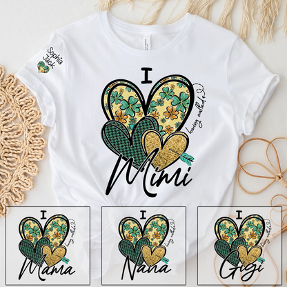 I Love to Be Called Mimi Heart Design T-shirt For St. Patrick's Day, Personalized Clover Design T-shirt for Grandma with Grandchildren's Names