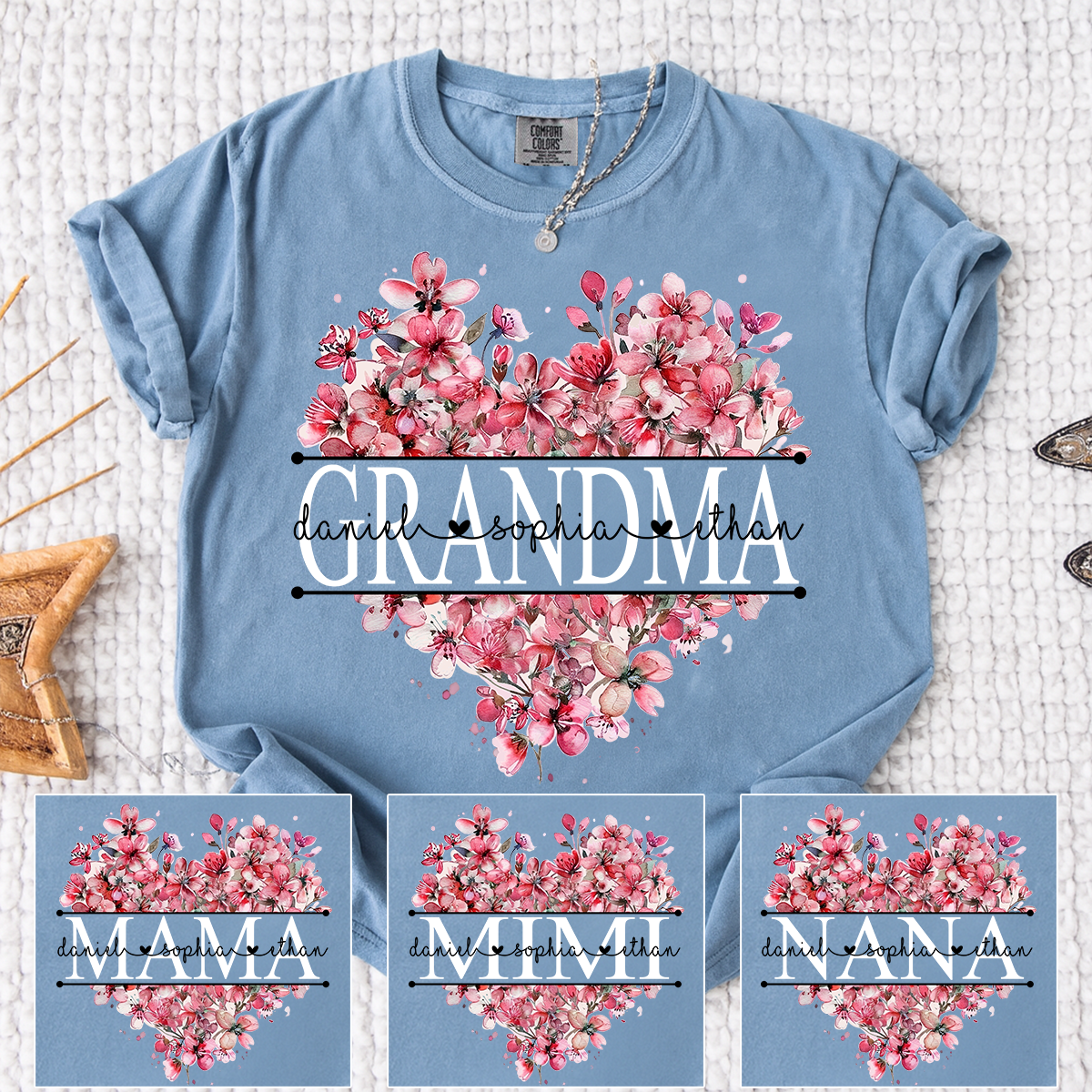 Comfort Colors Floral Heart Grandma Shirt, Custom Family Names and Heart Floral Design T Shirt