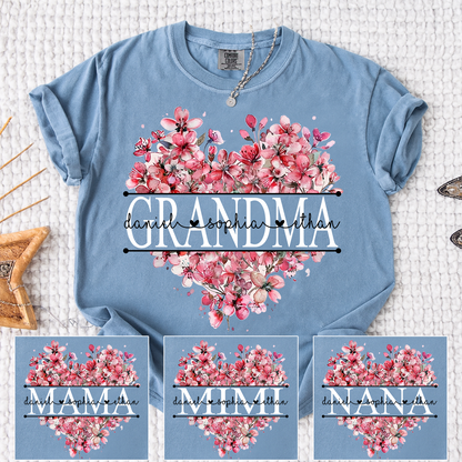 Comfort Colors Floral Heart Grandma Shirt, Custom Family Names and Heart Floral Design T Shirt
