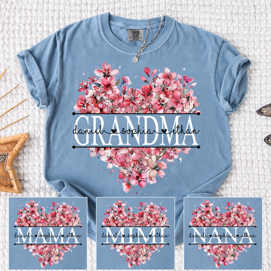 Comfort Colors Floral Heart Grandma Shirt, Custom Family Names and Heart Floral Design T Shirt