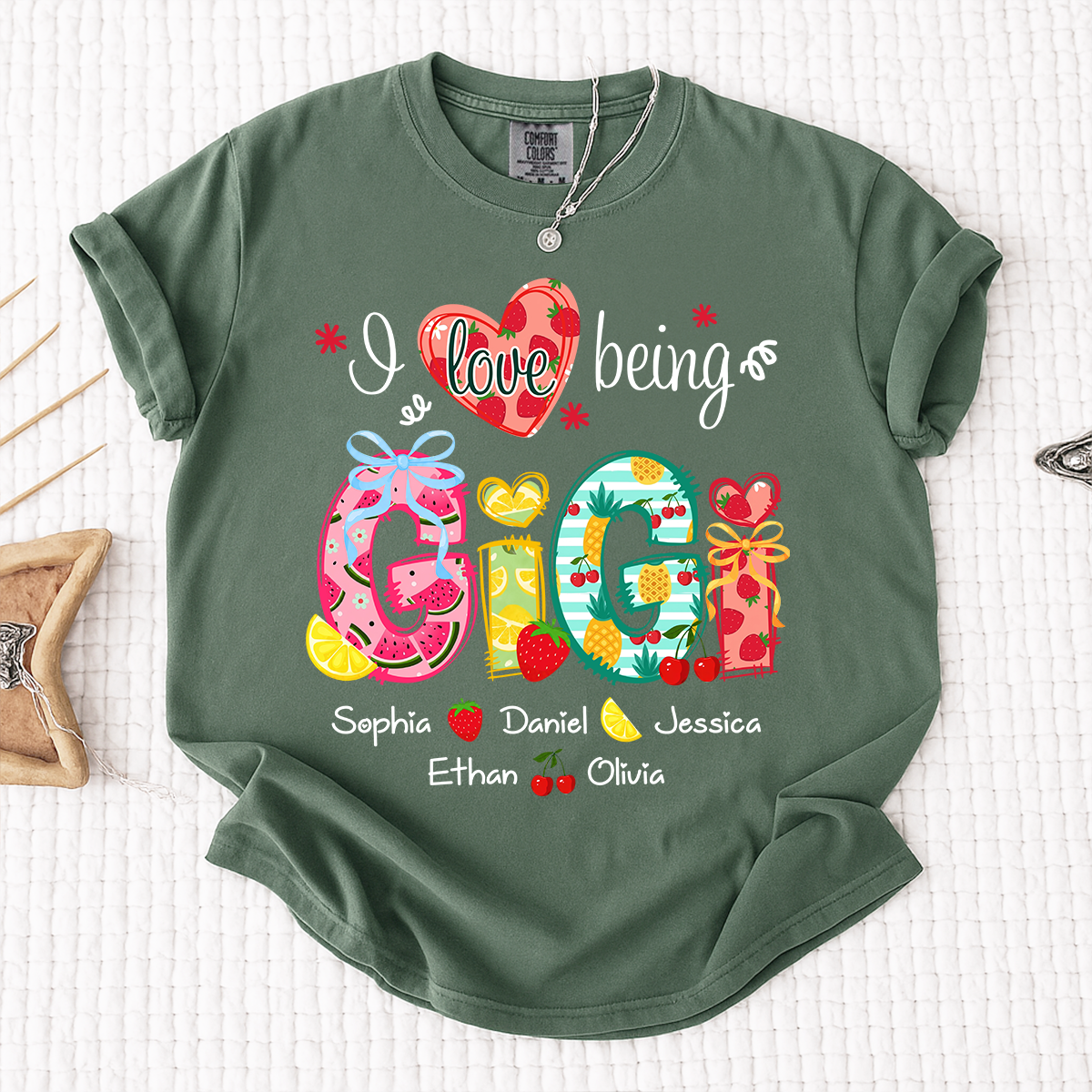 Comfort Colors I Love Being Gigi Shirt with Names, Personalized Fruit Pattern T-Shirt for Grandma, Summer Family Apparel