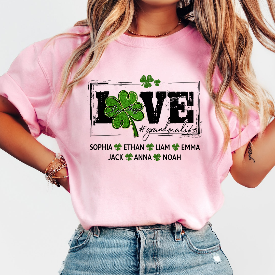 Grandma St Patrick’s Day Shirt, LOVE Shamrock Grandmalife Personalized Family T Shirt