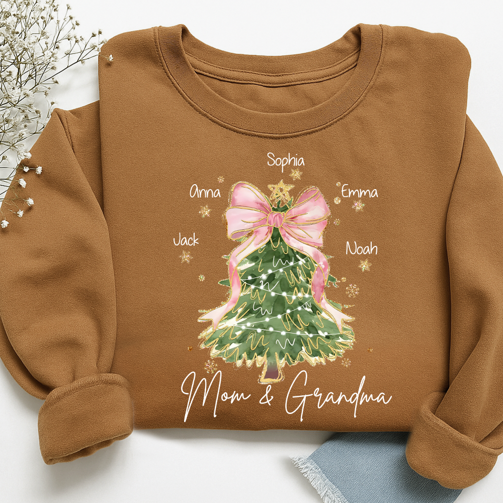 Personalized Mom and Grandma Christmas Sweatshirt, Custom Tree Design with Kids Names