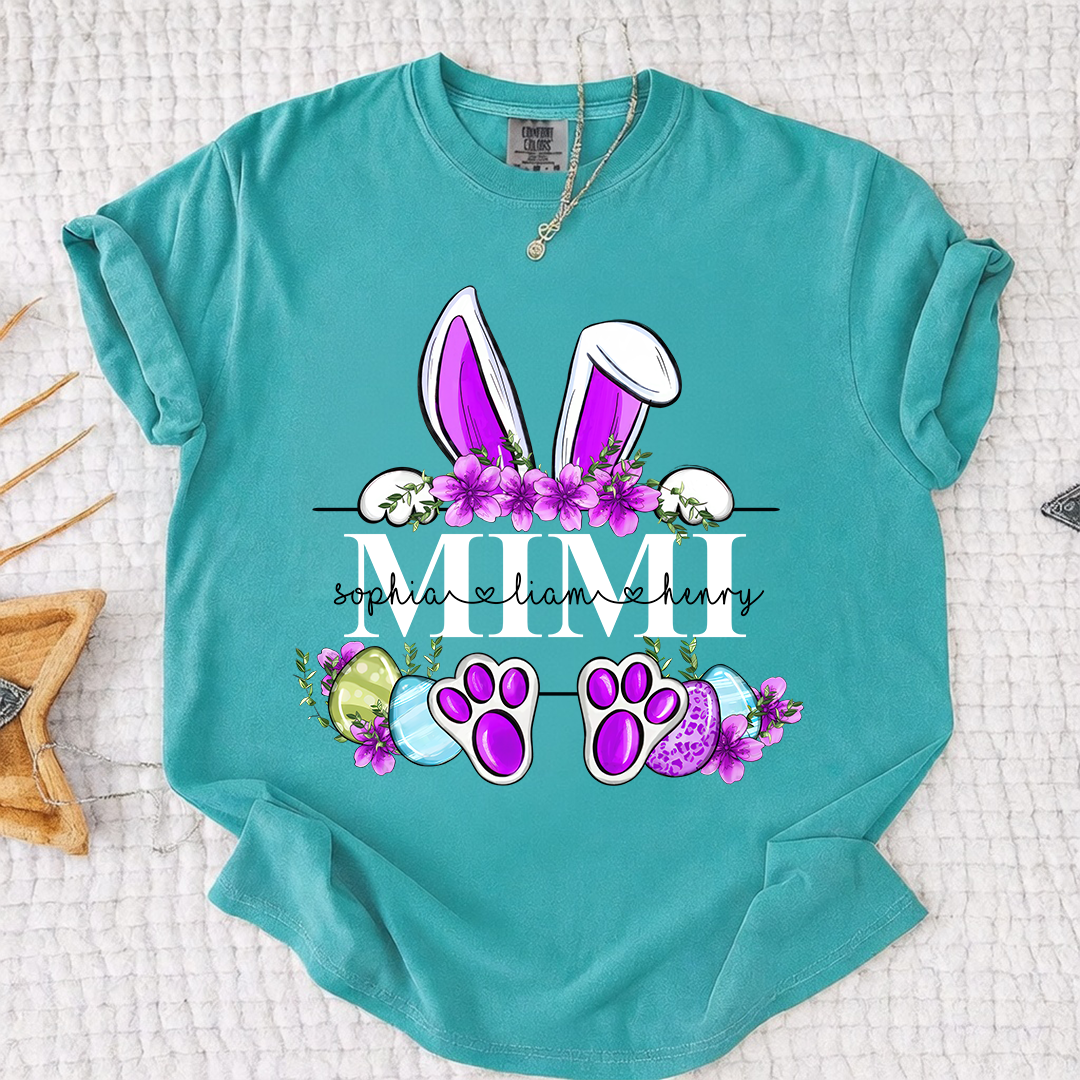 Comfort Colors Personalized Easter Bunny T-shirt | Custom Name Design for Mimi, Grandma, & Mom | Floral Easter Shirt with Bunny Ears and Paw Prints