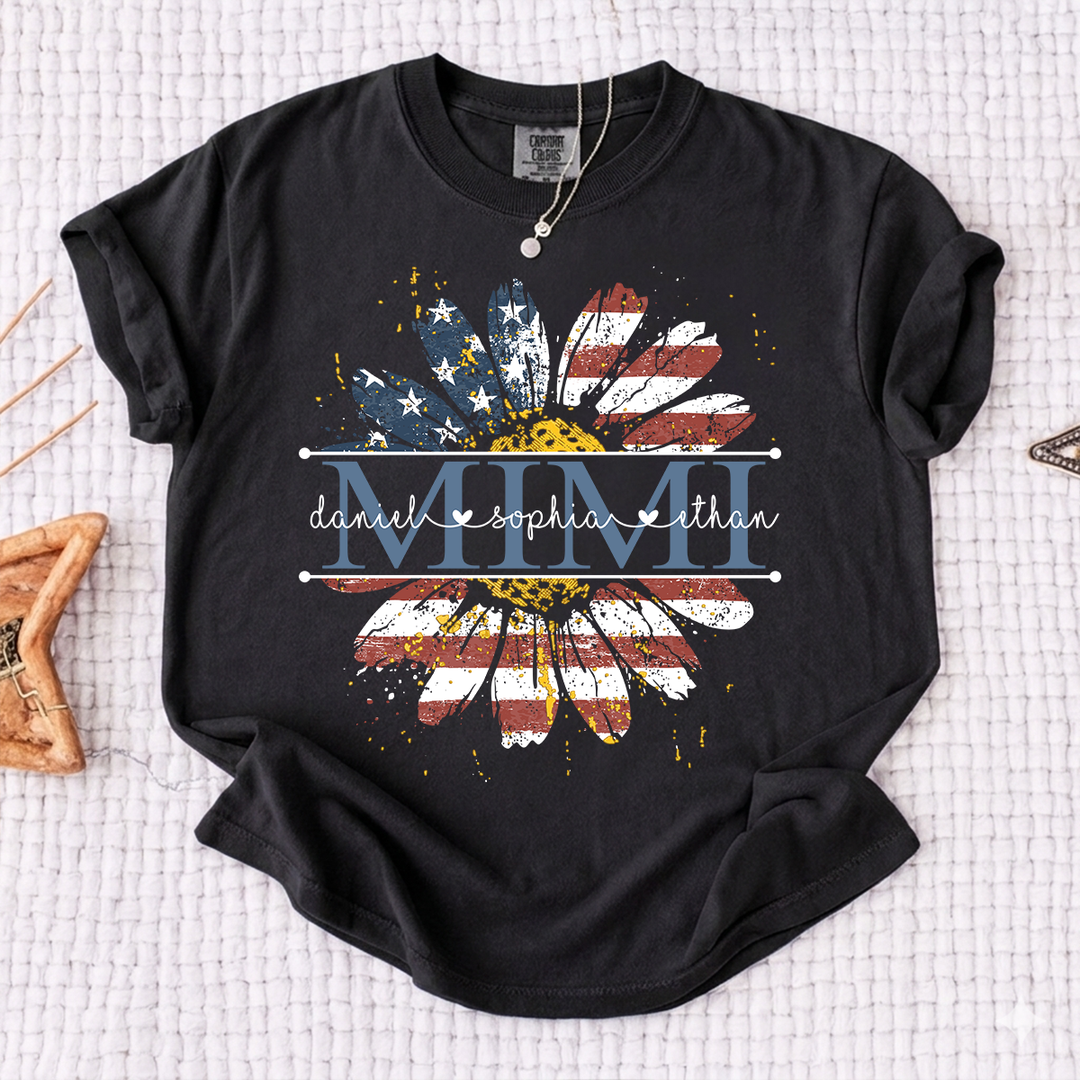 Comfort Mimi Daisy Shirt With American Flag Print, Custom Name, Floral Design, Personalized Family t-shirt