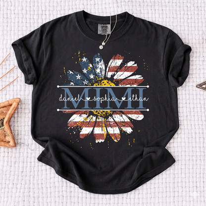Comfort Mimi Daisy Shirt With American Flag Print, Custom Name, Floral Design, Personalized Family t-shirt