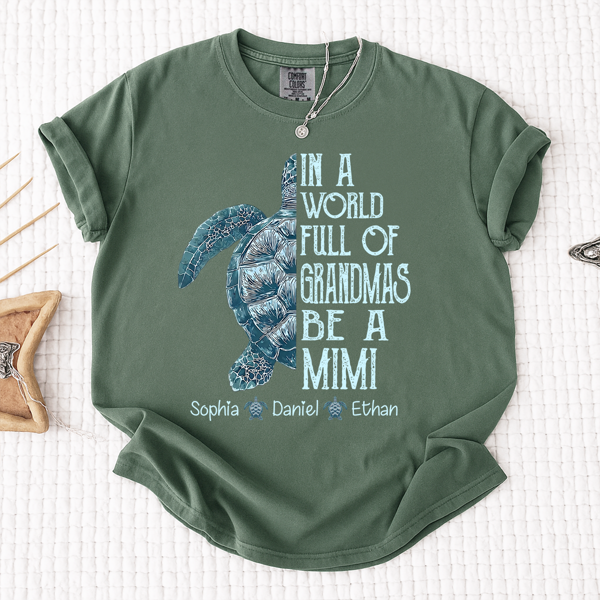 Comfort Colors Personalized Mimi Turtle Shirt, Custom Grandkids Names Sea Turtle Grandma T-Shirt, In a World Full of Grandmas Be a Mimi Gift