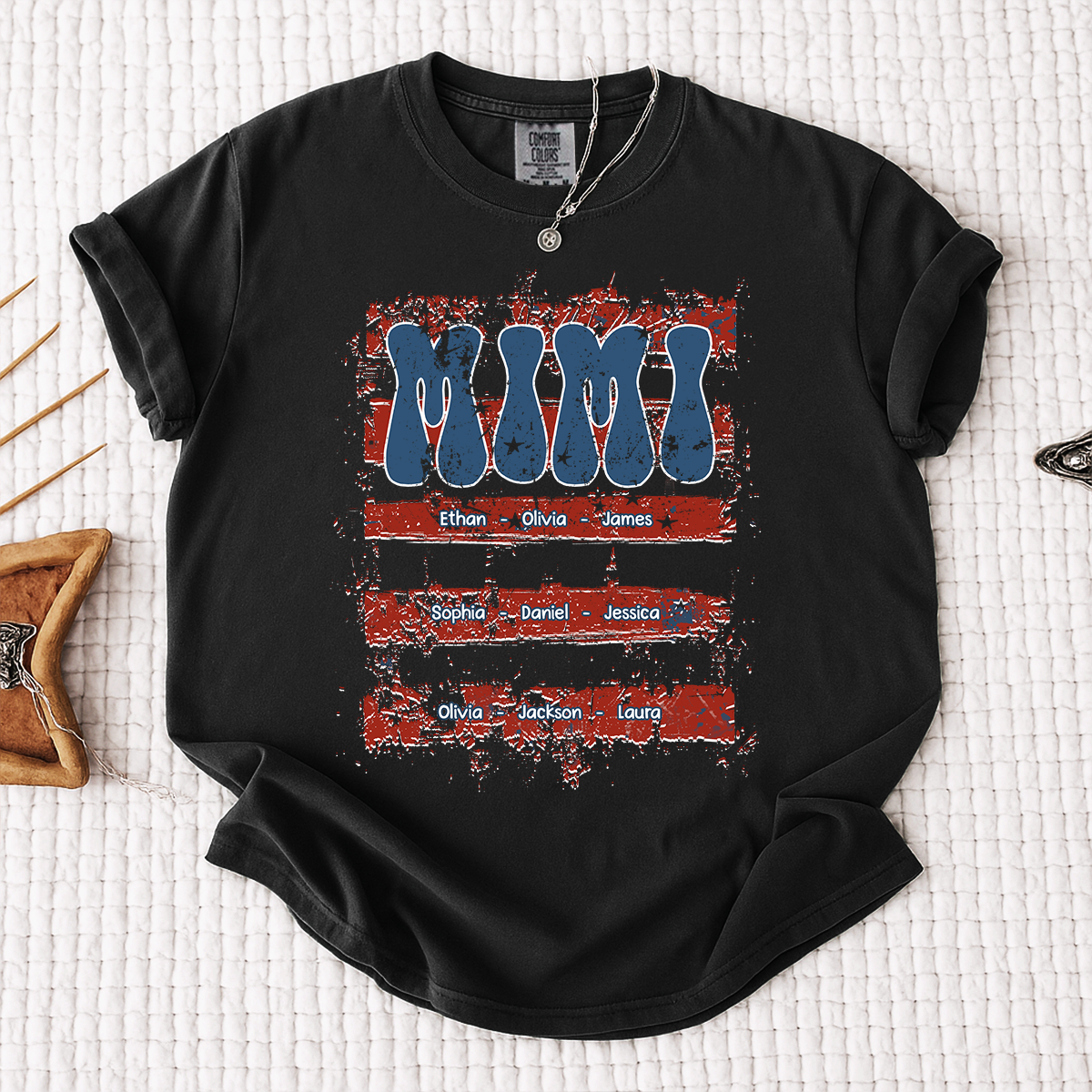 Comfort Colors Personalized Mimi Shirt with Family Names Patriotic American Flag Graphic Custom Family T Shirt for Mimi