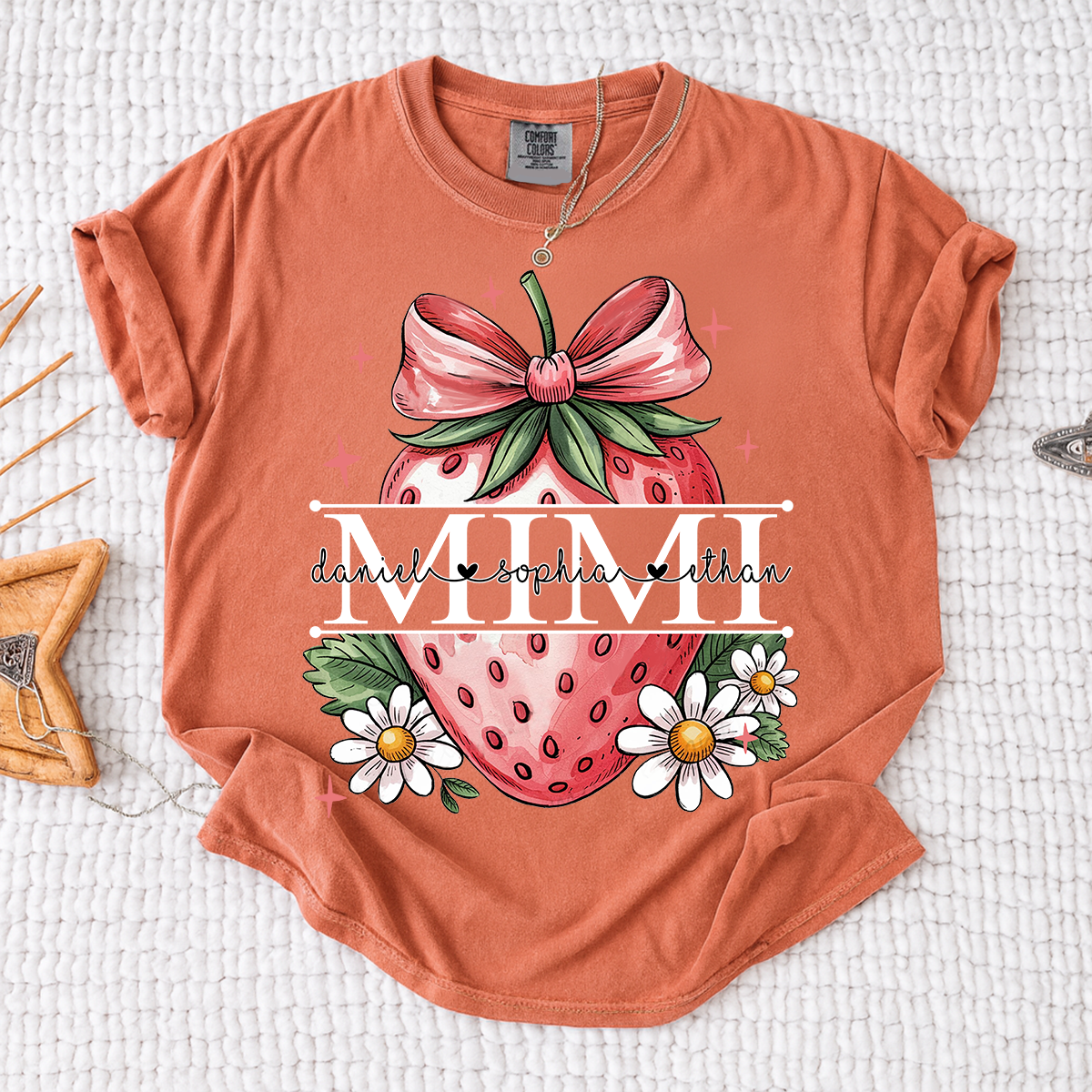 Comfort Colors® Custom Mimi T Shirt with Strawberry Bow Design, Floral Grandma Graphic Tee, Cute Summer Fruit Shirt for Mimi