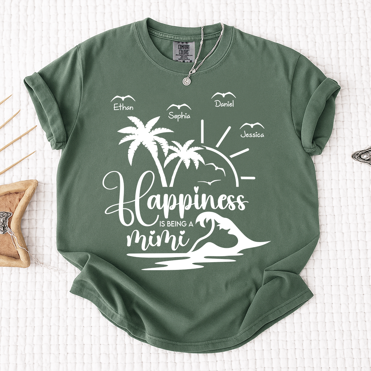 Comfort Colors Personalized Mimi Beach Shirt with Grandkids Names, Happiness Is Being a Mimi Tee, Custom Summer Grandma Gift