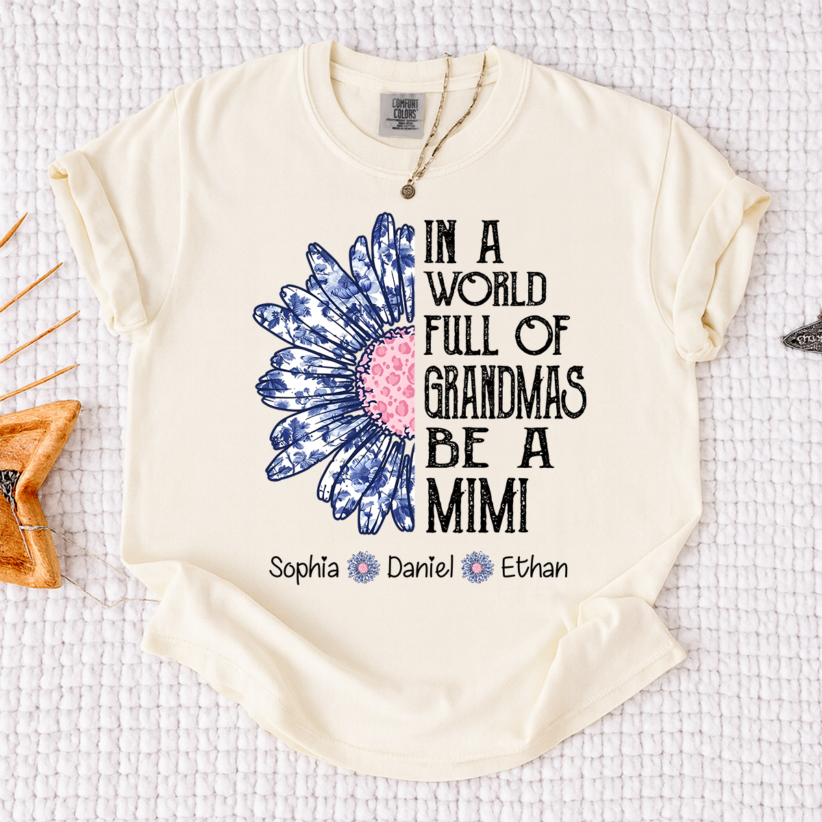 Comfort Colors Custom Mimi Shirt with Grandkids Names In a World Full of Grandmas Be a Mimi Daisy Flower Design Personalized Family Tee