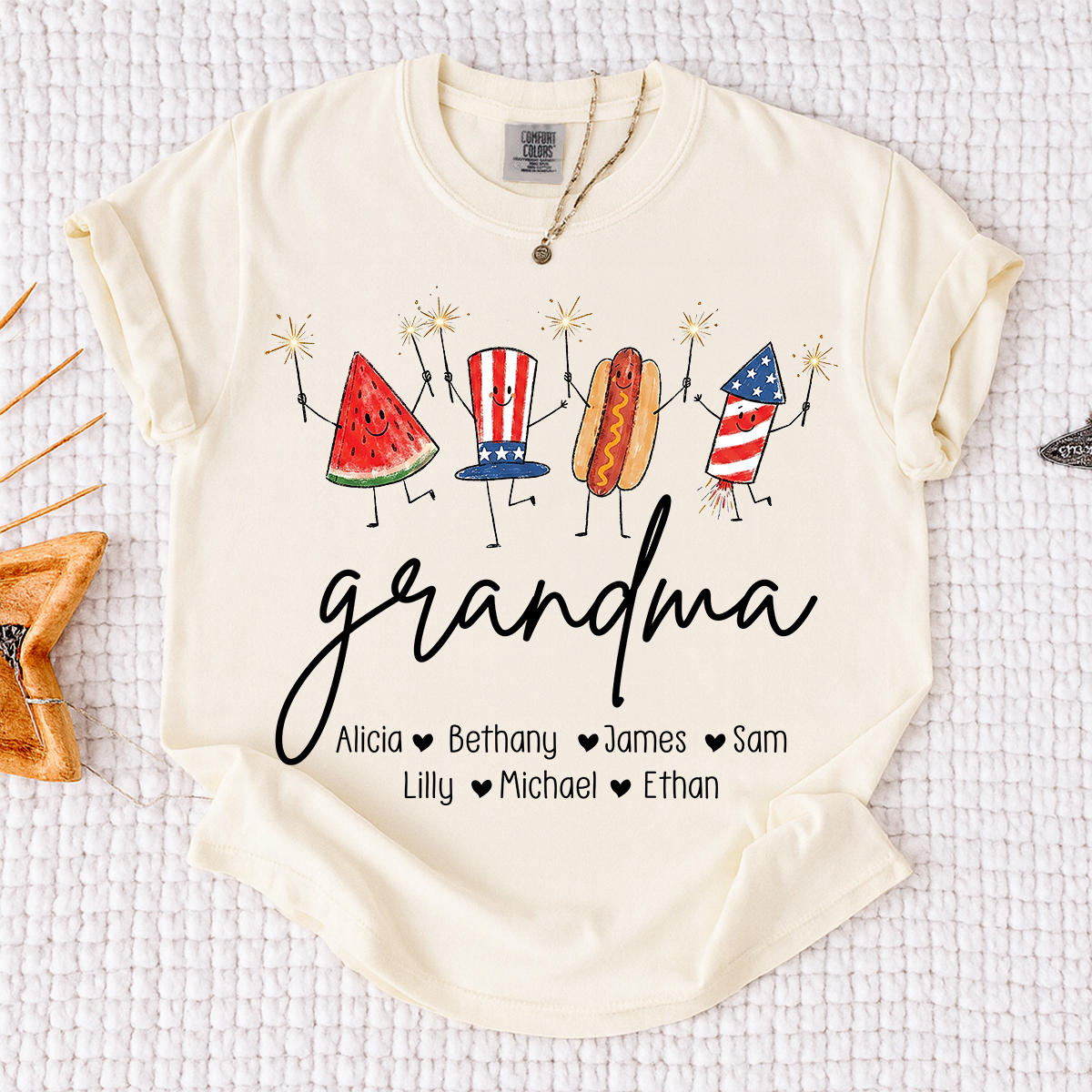 Comfort Colors® Personalized Grandma 4th of July Shirt with Grandkids Names, Patriotic Firecracker Family Tee, Custom Independence Day Grandma Gift
