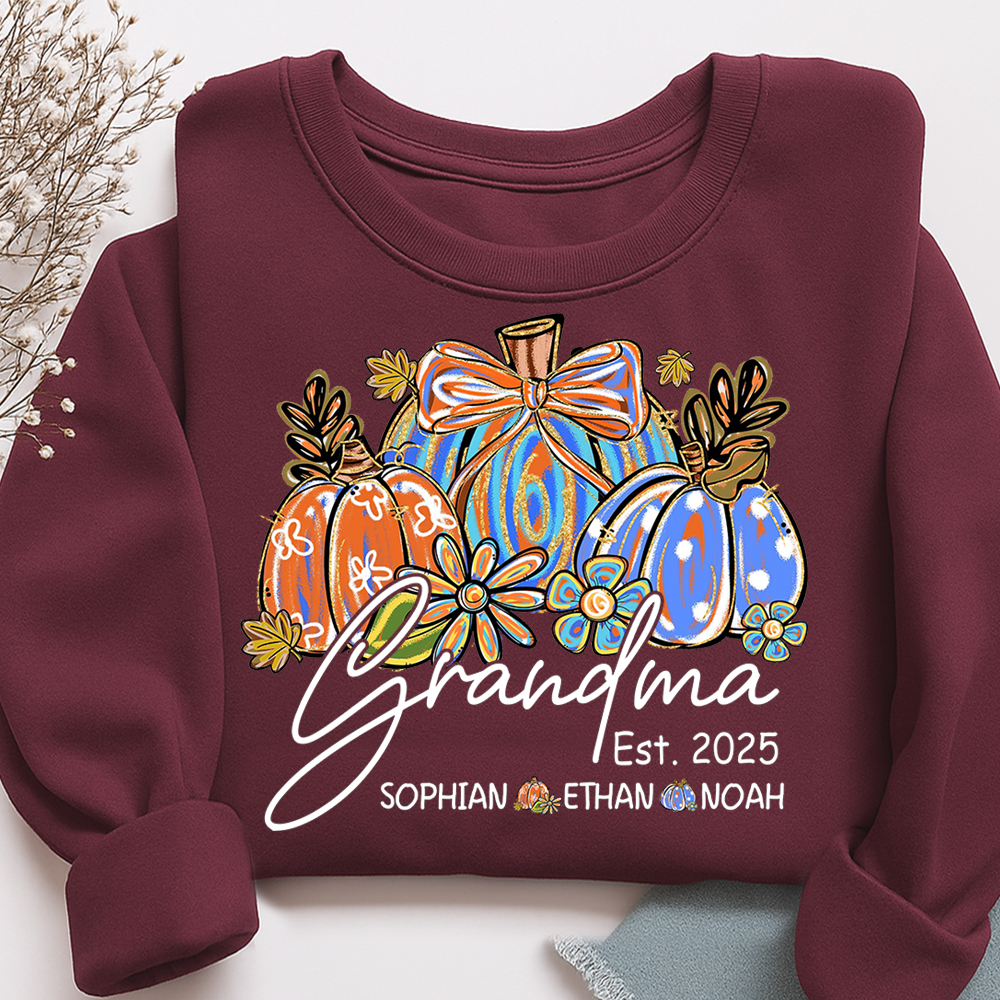 Fall Pumpkin Print Sweatshirt with Pumpkin Brush Pattern, Custom Gifts for Grandma and Grandchild