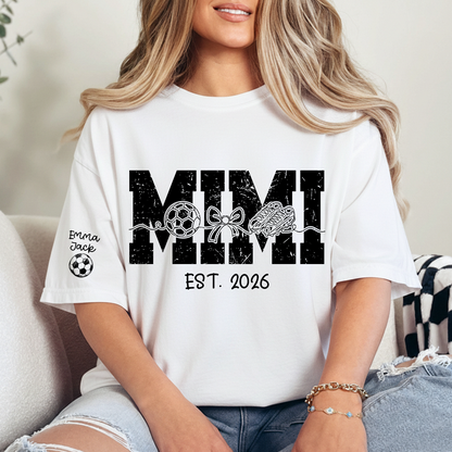 Mimi Est 2026 Soccer Grandma Shirt Personalized Grandkids Names Family T Shirt