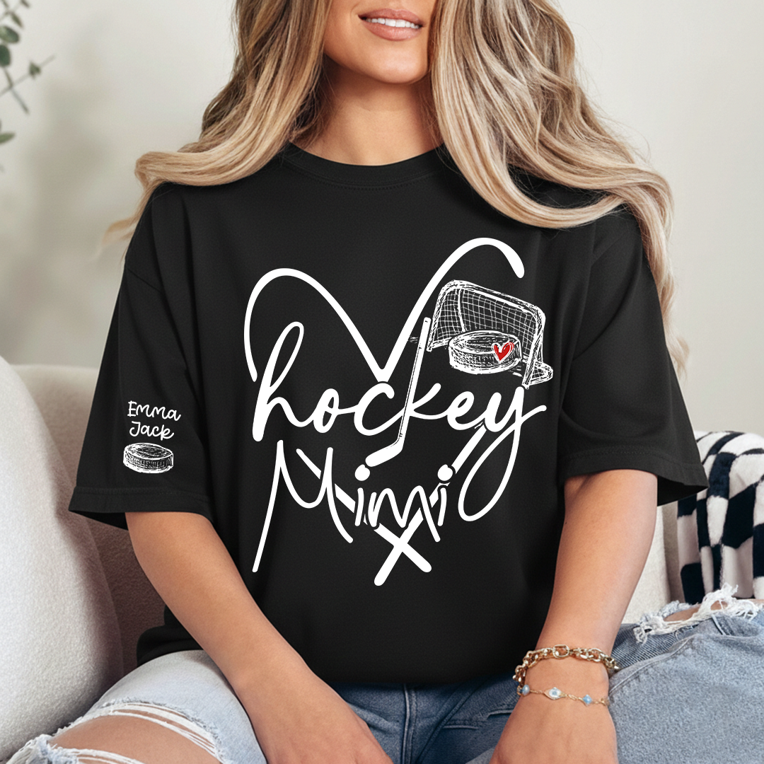 Hockey Heart Mimi Family Shirt, Custom Names and Hockey Puck Design Personalized Tee