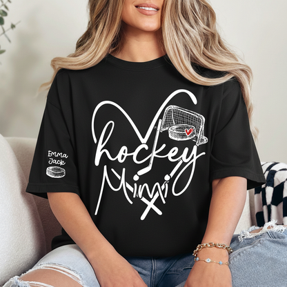 Hockey Heart Mimi Family Shirt, Custom Names and Hockey Puck Design Personalized Tee
