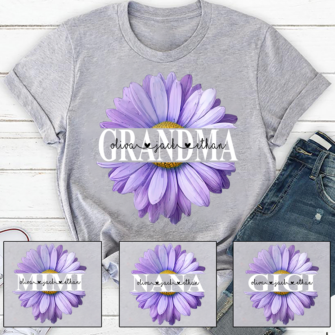 Grandma Flower Daisy Color Purple And Grandkids Mother's Day  T-Shirt