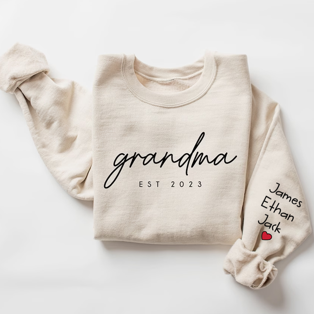 Personalized Grandma Est Sweatshirt, Custom Grandma and Grandkids Name On Sleeve Sweatshirt, Mother's Day Gift For Mom Grandma Mimi Nana Gigi Grammy